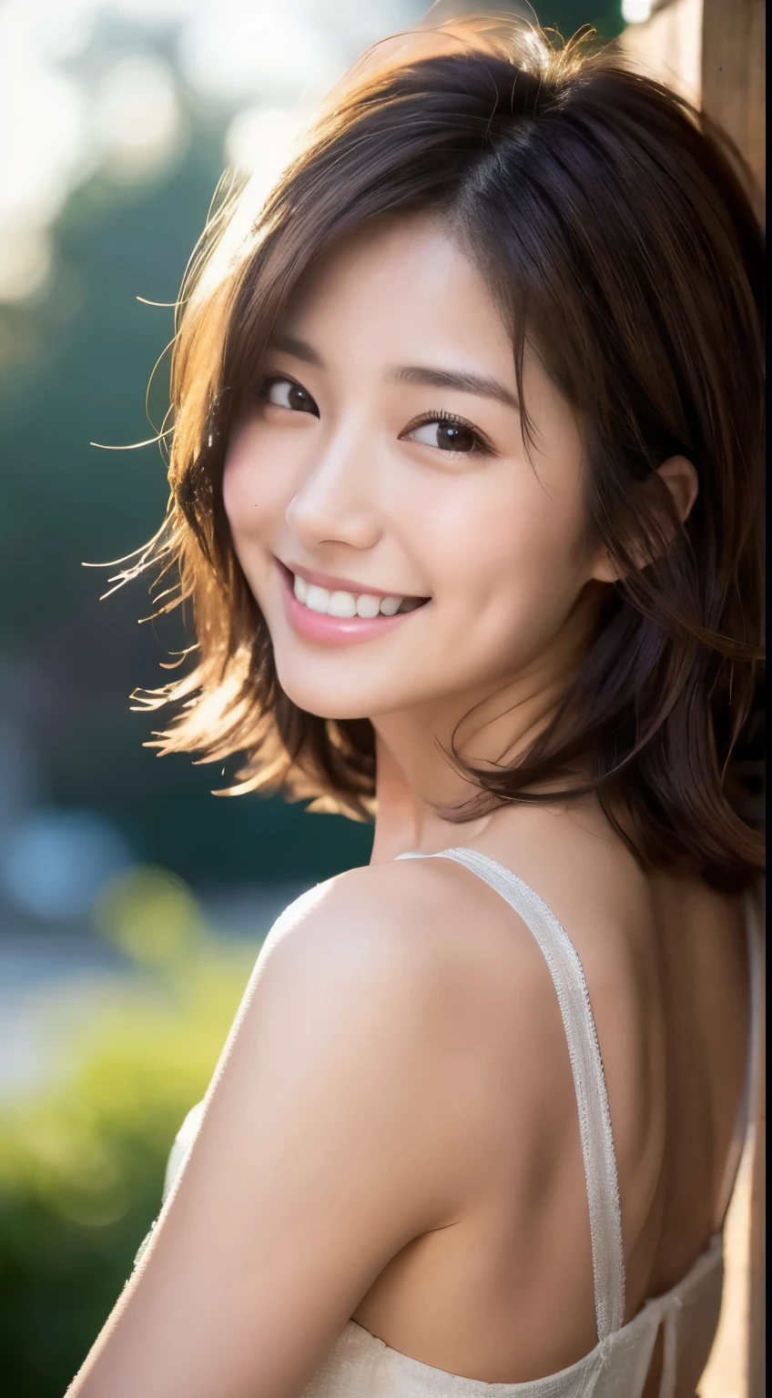 Short Hair Outdoor Fair Skin Disheveled Hair smiling Japan Woman, Super Cute, Soft and Face, Brown Hair, 8K Resolution, Ultra Realistic, Super Definition, Soft Body Toned Ass Night, A Cup Small ((Highest Definition, 8k, Masterpiece: 1.3)), Super Definition Face, Super Definition Lips, Fine Eyes, Double Eyelids