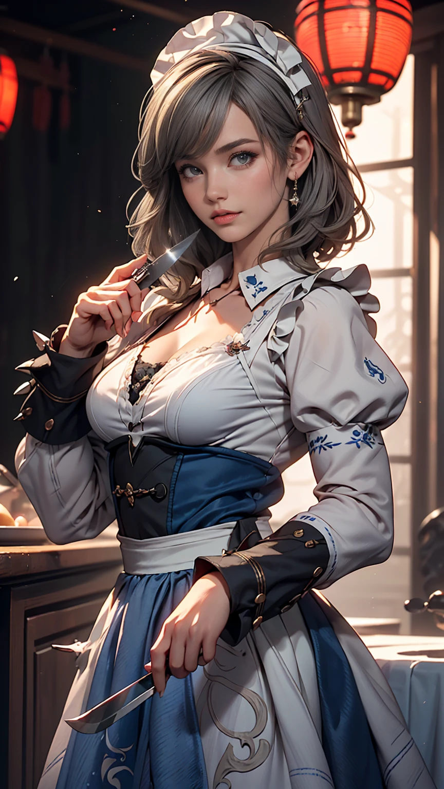 ((16 Nights Sakiya)), ((Oriental Project)), Cosplay, 20-year-old woman, (((Gray Hair)), ((Medium Spiky Hair)), ((Blue maid outfit)), ((White blouse)), Center of chest, (Light)))), (Pause))), (Photorealistic photography: 1.3), rim Lighting, (Skin with attention to detail:1.2), 8k UHD, Digital SLR, high quality, High resolution, 4K, 8k, Bokeh, Disorganized, The optimal ratio is four fingers to one thumb, (Genuine:1.3), The cutest girl 1, Lots of knives