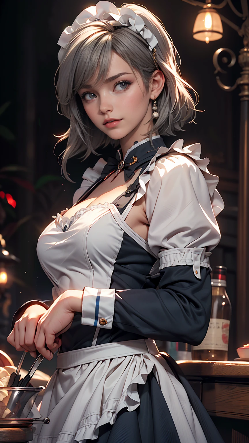 ((16 Nights Sakiya)), ((Oriental Project)), Cosplay, 20-year-old woman, (((Gray Hair)), ((Medium Spiky Hair)), ((Blue maid outfit)), ((White blouse)), Center of chest, (Light)))), (Pause))), (Photorealistic photography: 1.3), rim Lighting, (Skin with attention to detail:1.2), 8k UHD, Digital SLR, high quality, High resolution, 4K, 8k, Bokeh, Disorganized, The optimal ratio is four fingers to one thumb, (Genuine:1.3), The cutest girl 1, Lots of knives