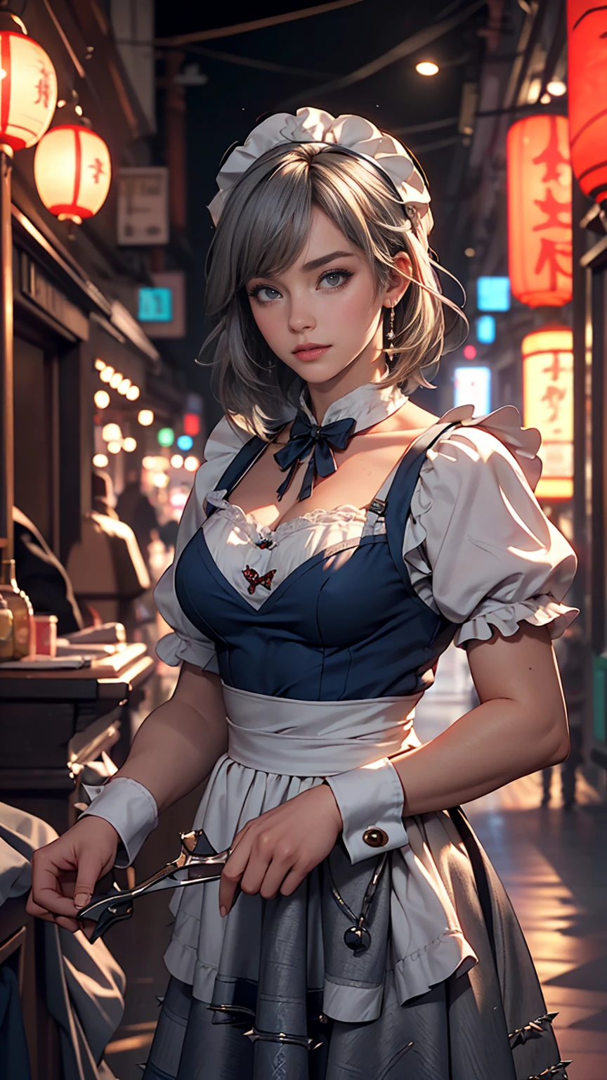 ((16 Nights Sakiya)), ((Oriental Project)), Cosplay, 20-year-old woman, (((Gray Hair)), ((Medium Spiky Hair)), ((Blue maid outfit)), ((White blouse)), Center of chest, (Light)))), (Pause))), (Photorealistic photography: 1.3), rim Lighting, (Skin with attention to detail:1.2), 8k UHD, Digital SLR, high quality, High resolution, 4K, 8k, Bokeh, Disorganized, The optimal ratio is four fingers to one thumb, (Genuine:1.3), The cutest girl 1, Lots of knives