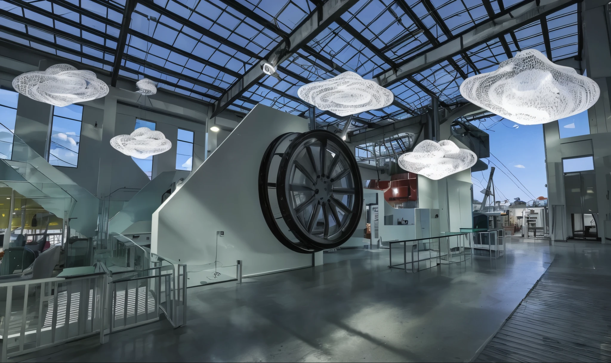 Showroom located in the industrial park with huge mechanical wheels, (small floating clouds), installation art, clear acrylics, superb craftsmanship, delicate details and vibrant colours