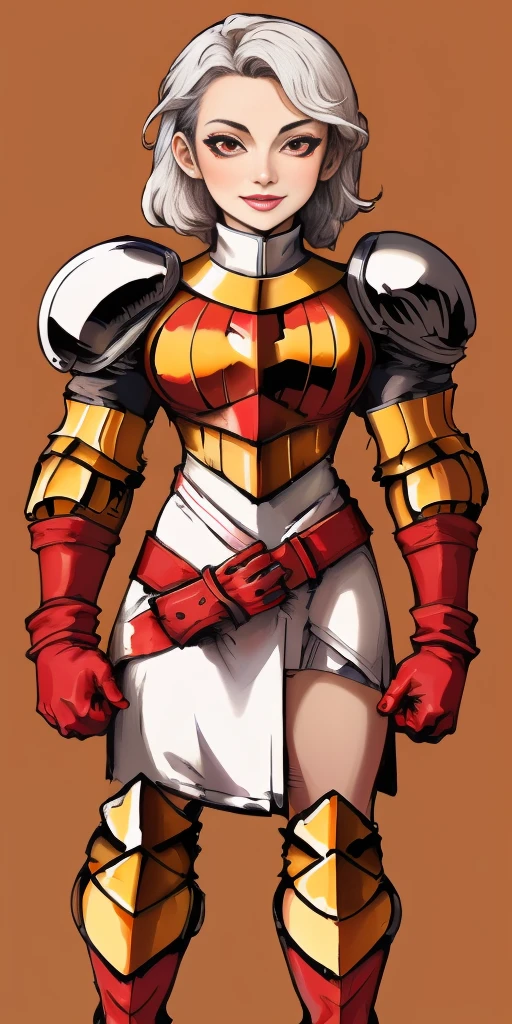 (masterpiece, best quality, 4k, 1girlsolo, 1MILF, mmplatz, smile, red cheeks, plain background:1.2) perfect face, perfect lighting, mature whsororitas with gloves red gauntlets in her hands like Cammy White from Street Fighter, bob white hair, warhammer 40k power armor suit with loincloth, red eyes like rubies, full body RED armor, view from below, looking to the viewer, arms to the sides empty hands, RED military boots, silver skull ornament attached to crossing 2 belt wide hips, 2 long legs, Female Knight (Final Fantasy Tactics)