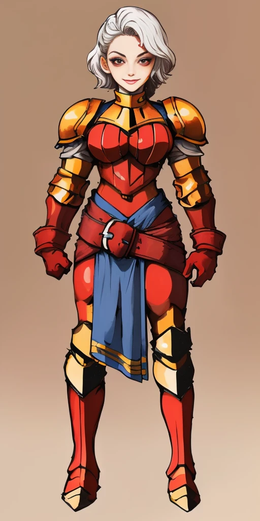 (masterpiece, best quality, 4k, 1girlsolo, 1MILF, mmplatz, smile, red cheeks, plain background:1.2) perfect face, perfect lighting, mature whsororitas with gloves red gauntlets in her hands like Cammy White from Street Fighter, bob white hair, warhammer 40k power armor suit with loincloth, red eyes like rubies, full body RED armor, view from below, looking to the viewer, arms to the sides empty hands, RED military boots, silver skull ornament attached to crossing 2 belt wide hips, 2 long legs, Female Knight (Final Fantasy Tactics)