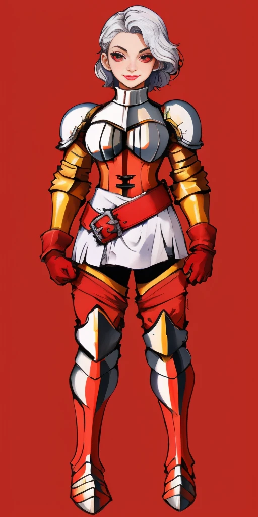 (masterpiece, best quality, 4k, 1girlsolo, 1MILF, mmplatz, smile, red cheeks, plain background:1.2) perfect face, perfect lighting, mature whsororitas with gloves red gauntlets in her hands like Cammy White from Street Fighter, bob white hair, warhammer 40k power armor suit with loincloth, red eyes like rubies, full body RED armor, view from below, looking to the viewer, arms to the sides empty hands, RED military boots, silver skull ornament attached to crossing 2 belt wide hips, 2 long legs, Female Knight (Final Fantasy Tactics)
