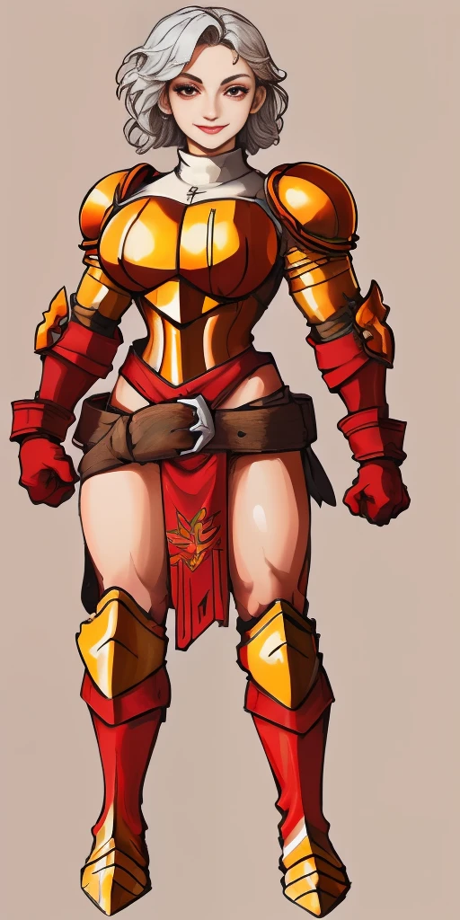 (masterpiece, best quality, 4k, 1girlsolo, 1MILF, mmplatz, smile, red cheeks, plain background:1.2) perfect face, perfect lighting, mature whsororitas with gloves red gauntlets in her hands like Cammy White from Street Fighter, bob white hair, warhammer 40k power armor suit with loincloth, red eyes like rubies, full body RED armor, view from below, looking to the viewer, arms to the sides empty hands, RED military boots, silver skull ornament attached to crossing 2 belt wide hips, 2 long legs, Female Knight (Final Fantasy Tactics)