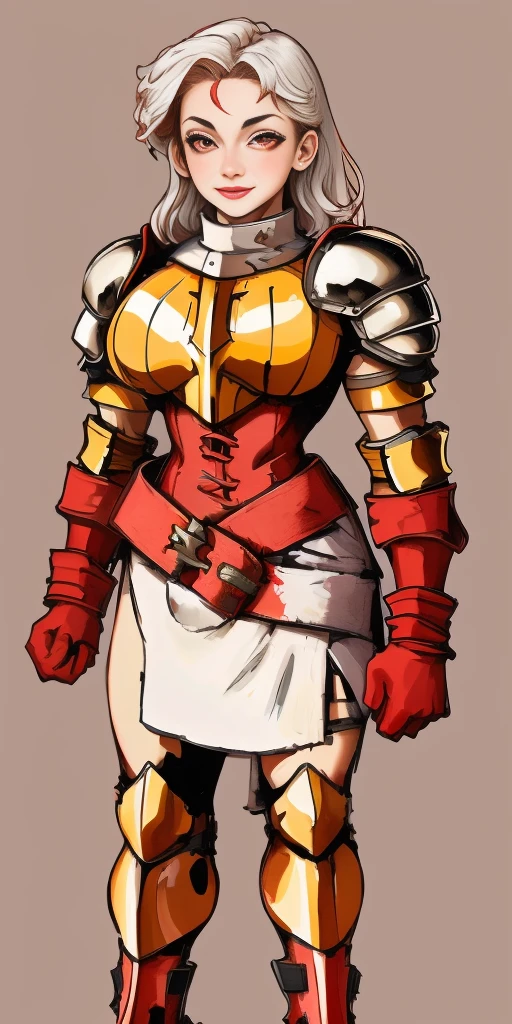 (masterpiece, best quality, 4k, 1girlsolo, 1MILF, mmplatz, smile, red cheeks, plain background:1.2) perfect face, perfect lighting, mature whsororitas with gloves red gauntlets in her hands like Cammy White from Street Fighter, bob white hair, warhammer 40k power armor suit with loincloth, red eyes like rubies, full body RED armor, view from below, looking to the viewer, arms to the sides empty hands, RED military boots, silver skull ornament attached to crossing 2 belt wide hips, 2 long legs, Female Knight (Final Fantasy Tactics)