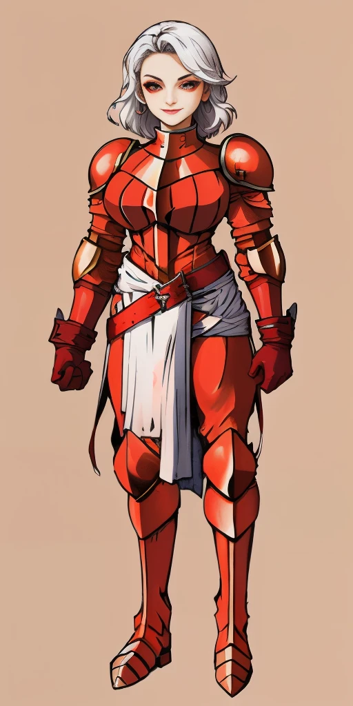 (masterpiece, best quality, 4k, 1girlsolo, 1MILF, mmplatz, smile, red cheeks, plain background:1.2) perfect face, perfect lighting, mature whsororitas with gloves red gauntlets in her hands like Cammy White from Street Fighter, bob white hair, warhammer 40k power armor suit with loincloth, red eyes like rubies, full body RED armor, view from below, looking to the viewer, arms to the sides empty hands, RED military boots, silver skull ornament attached to crossing 2 belt wide hips, 2 long legs, Female Knight (Final Fantasy Tactics)