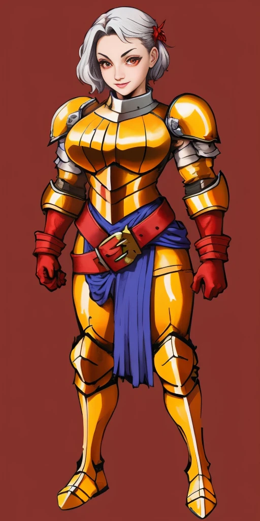 (masterpiece, best quality, 4k, 1girlsolo, 1MILF, mmplatz, smile, red cheeks, plain background:1.2) perfect face, perfect lighting, mature whsororitas with gloves red gauntlets in her hands like Cammy White from Street Fighter, bob white hair, warhammer 40k power armor suit with loincloth, red eyes like rubies, full body RED armor, view from below, looking to the viewer, arms to the sides empty hands, RED military boots, silver skull ornament attached to crossing 2 belt wide hips, 2 long legs, Female Knight (Final Fantasy Tactics)