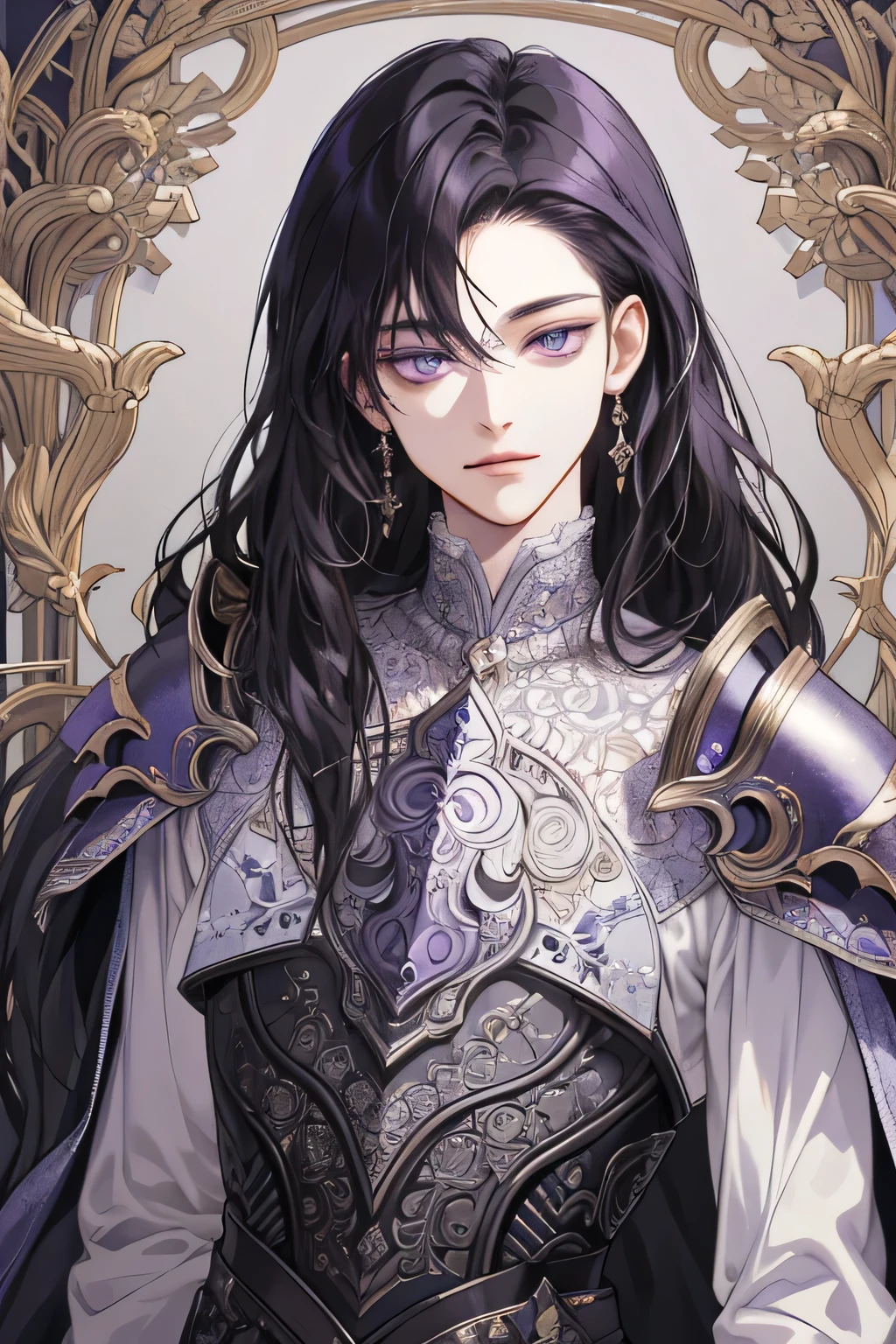 (extreamly delicate and beautiful:1.2), 8K,(masterpiece:1.0),(best_quality:1.0), 1boy, and intricate detailing, Enlarged textures, and intricate detailing, finely ekspressive eye and detailed face, and intricate detailing, shiraga, Black long hair, (closed mouths), Perfect eyes, Equal eyes, purple eyes (A male god) with body armor