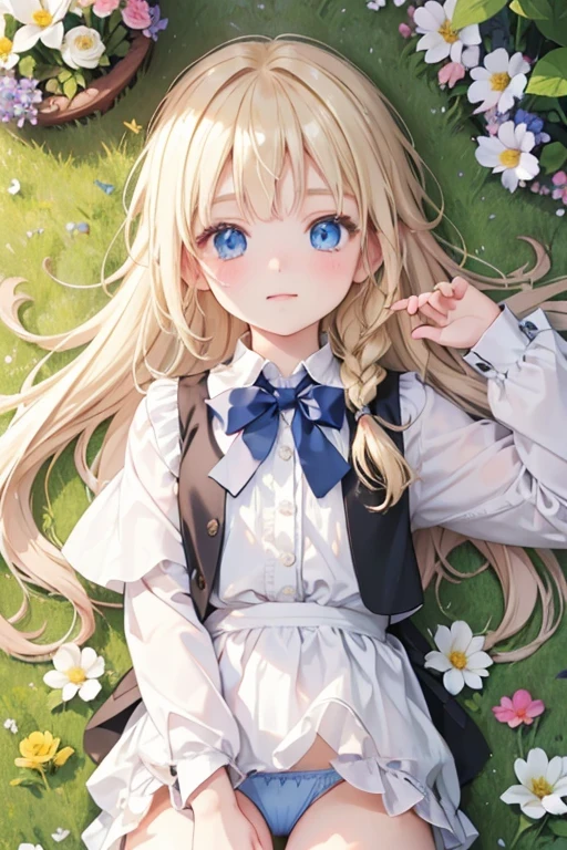 (8k, highest quality, Tabletop:1.2)、Ultra-high resolution、One 8-year-old girl, Perfect Fingers, Detailed face, Blushing, blue eyes, Blonde, Braid, Blue Panties, White blouse, Black vest, garden, flower bed, Lying on the grass