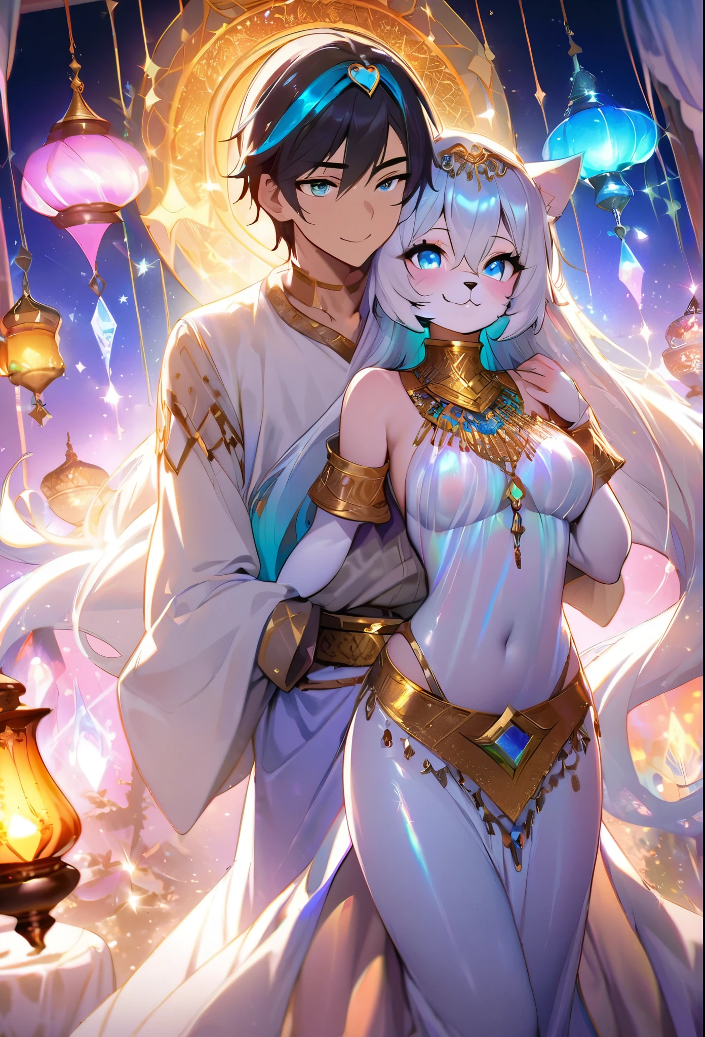 novel illustration, cover page, highres, top quality, best quality, paid reward available, unparalleled masterpiece, perfect artwork, absurdres, High-quality illustrations, super high resolution, detailed background, perfect anatomy(1girl, 1boy, couple, kemono, furry anthro, fearless smile, Arab national costume, hugs from behind, love romance)Aladdin and the magic lamp, arabian clothing, turkish lamps, mystical, dreamy, magical, enchanting, mesmerizing, alluring, seductive, captivating lamps, iridescent, luminescent, glowing, golden, rich tones, vibrant colors, bewitching lights, captivating reflections, luminescent glow, dazzling, dazzling light, enchanting illumination, mesmerizing sparkle, entrancing, bewitching glow, luminous, mesmerizing shimmer, enthralling, bewitching gleam, radiant luminosity, heavenly radiance, celestial luminosity, divine radiance, ethereal brilliance, heavenly illumination, luminescent radiance, luminous sheen, glittering, iridescent shine, bewitching aurora, enchanting aurora,