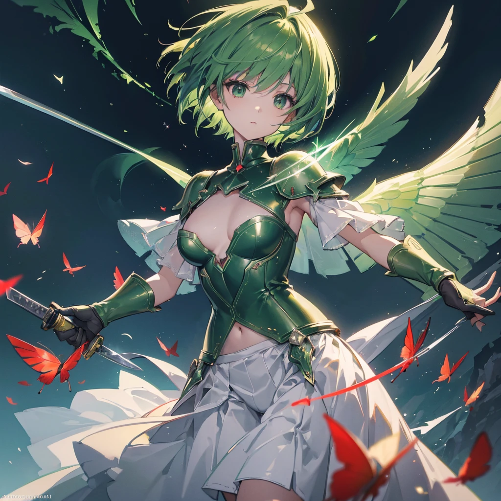 ((high resolution　Green Hair　Short Hair　Iron Armor　Angel of Victory　Lonely　despair))　((Red butterfly　night　Western style　chest　Shining Aura　gloves))　(Big feather　Dance　Blade of Light　Holding a sword　Slashing)　night　moon　star　Slashing　Catch the wind　