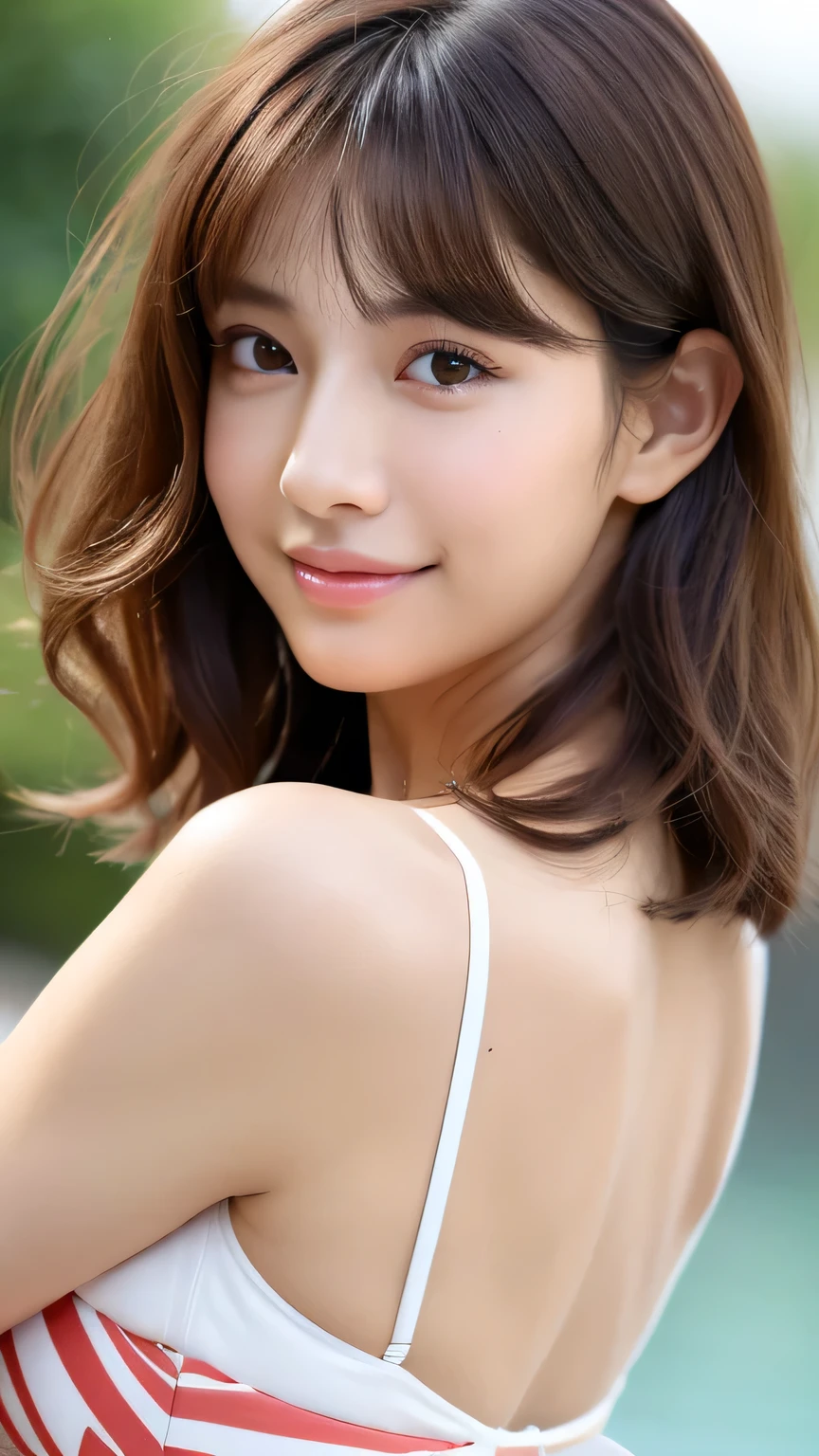 (8k, RAW Photos, highest quality, masterpiece: 1.2), Very detailed, Super Resolution, (Genuine, Genuine photos: 1.37), Portraiture, High-resolution RAW color photos, Professional photos, Very detailed and beautiful, Very detailed, 8k wallpaper, Amazing details, Large file size, Official Art, Very detailed CG Unity 8k wallpaper, Very detailed beautiful girls, Very detailed facesHighly detailed eyes, Very detailed skin, Very detailed fingers, Very detailed鼻, Very sophisticated mouth, Perfect Anatomy, Very detailed background, Very elaborate clothing, One Girl, (18:1.2), , cute girl, Famous idols of Japan, cute, Genuineistic body, , White skin, Glowing Skin, the body is slim, Handsome body, Brown Hair, length, Curly Hair, (Blunt bangs:1.2), smile, cute, like々Shii, Cute face, Realistic Face, Delicate eyes, Saggy eyes, Flashy Bikini, Looking at the camera, Front Face, Standing posture, Beachside, Dynamic Lighting,length legs,White Sandals,Dimples,
