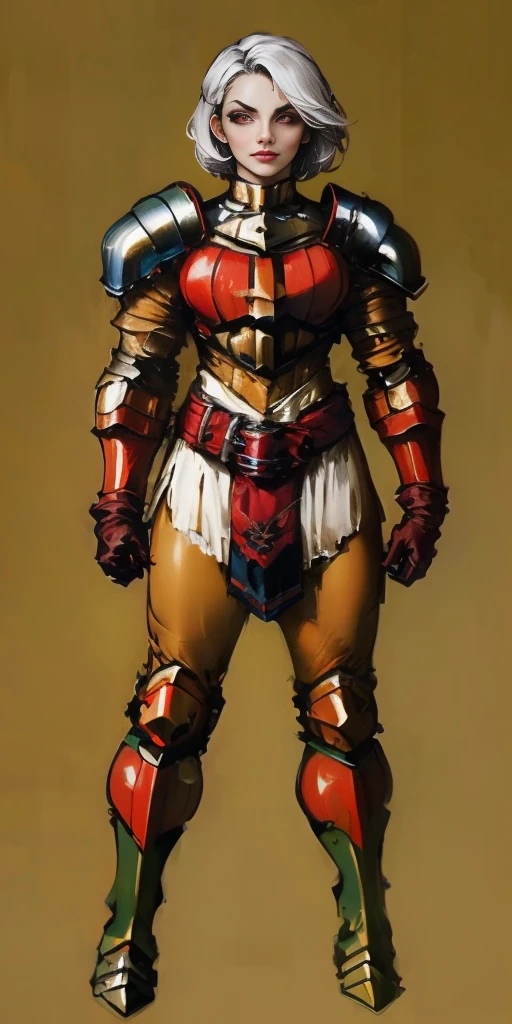 (masterpiece, best quality, 4k, 1girlsolo, 1MILF, mmplatz, smile, red cheeks, plain background:1.2) perfect face, perfect lighting, mature whsororitas with gloves red gauntlets in her hands like Cammy White from Street Fighter, bob white hair, warhammer 40k power armor suit with loincloth, red eyes like rubies, full body RED armor, view from below, looking to the viewer, arms to the sides empty hands, RED military boots, silver skull ornament attached to crossing 2 belt wide hips, 2 long legs, Female Knight (Final Fantasy Tactics)
