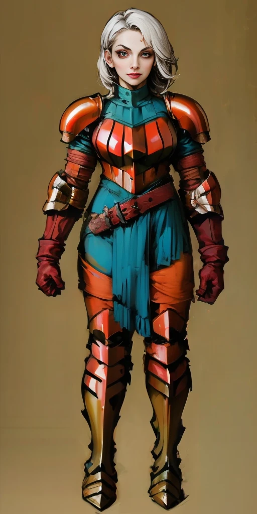(masterpiece, best quality, 4k, 1girlsolo, 1MILF, mmplatz, smile, red cheeks, plain background:1.2) perfect face, perfect lighting, mature whsororitas with gloves red gauntlets in her hands like Cammy White from Street Fighter, bob white hair, warhammer 40k power armor suit with loincloth, red eyes like rubies, full body RED armor, view from below, looking to the viewer, arms to the sides empty hands, RED military boots, silver skull ornament attached to crossing 2 belt wide hips, 2 long legs, Female Knight (Final Fantasy Tactics)
