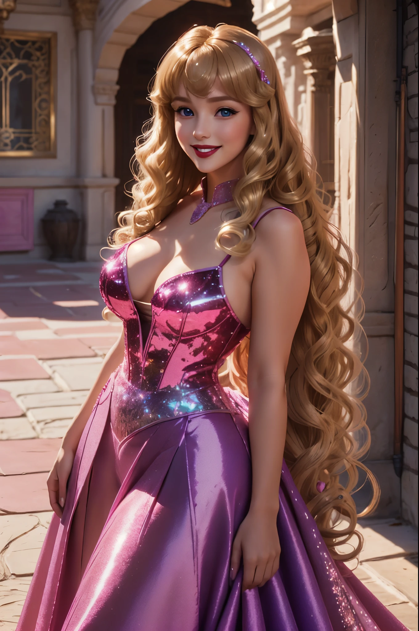 DisneyAurora 27 years old, full body shot, Beautiful woman (((long wavy caramel blonde hair))) (bangs:1.2) (pink crystalline dress, long skirt) (purple eyes) defined body, Red lipstick, smiling, hands free, standing, (huge_breasts:1.3) , palace courtyard, night, (curvy:1.3)