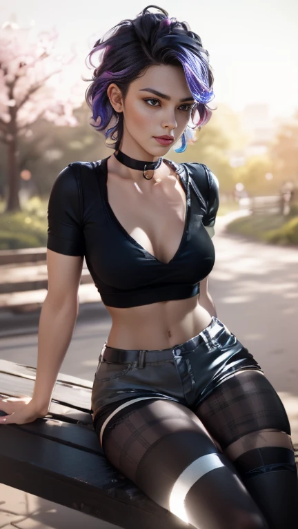photo of celebrity, RAW, beautiful woman, ((portrait)), ((detailed face, colorful rainbow hair:1.2)), ((detailed facial feature, detailed skin, clear skin, parted lips), (perfect proportioned body, medium breasts, cleavage), (wearing tight ripped black shirt, choker, short shorts, thigh high stockings, plaid b&w sneakers: 1.5)), sitting on a bench, (high detailed park with cherry blossoms: 1.3), (realistic photo, best quality, detailed), (8k wallpaper), (cinematic lighting, dramatic lighting) (sharp focus, intricate)