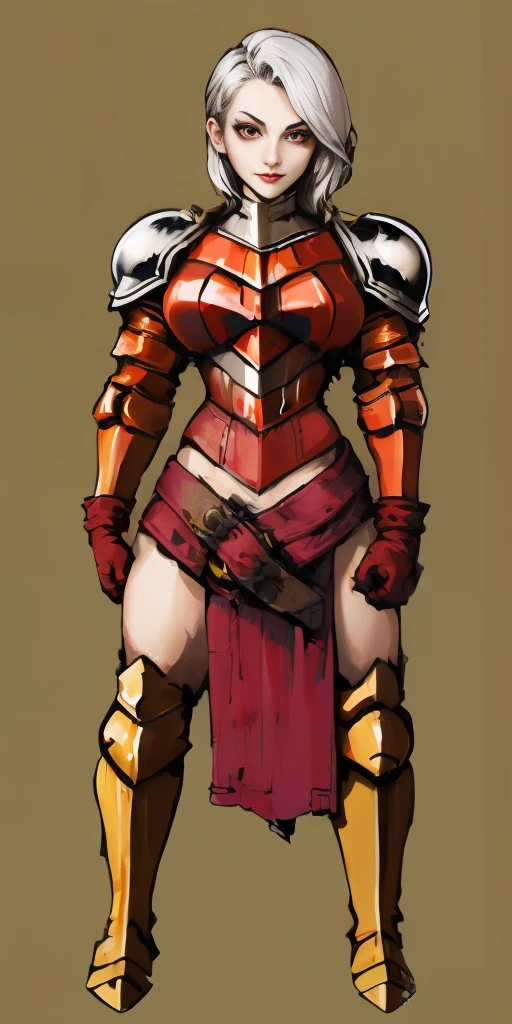 (masterpiece, best quality, 4k, 1girlsolo, 1MILF, mmplatz, smile, red cheeks, plain background:1.2) perfect face, perfect lighting, mature whsororitas with gloves red gauntlets in her hands like Cammy White from Street Fighter, bob white hair, warhammer 40k power armor suit with loincloth, red eyes like rubies, full body RED armor, view from below, looking to the viewer, arms to the sides empty hands, RED military boots, silver skull ornament attached to crossing 2 belt wide hips, 2 long legs, Female Knight (Final Fantasy Tactics)