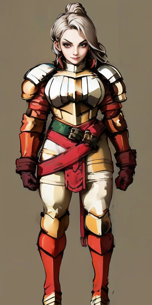 (masterpiece, best quality, 4k, 1girlsolo, 1MILF, mmplatz, smile, red cheeks, plain background:1.2) perfect face, perfect lighting, mature whsororitas with gloves red gauntlets in her hands like Cammy White from Street Fighter, bob white hair, warhammer 40k power armor suit with loincloth, red eyes like rubies, full body RED armor, view from below, looking to the viewer, arms to the sides empty hands, RED military boots, silver skull ornament attached to crossing 2 belt wide hips, 2 long legs, Female Knight (Final Fantasy Tactics)