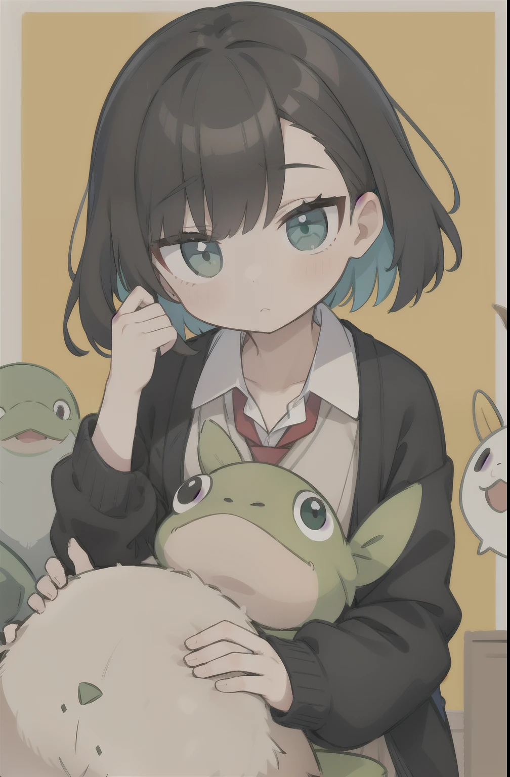 pelo color negro, peinado de dos coletas a los lados, que tenga uniforme escolar japones, camiseta blanca, cardigan verde claro, con una figura de sapo en el cardigan, falda de color negro, ojos de color celeste claros