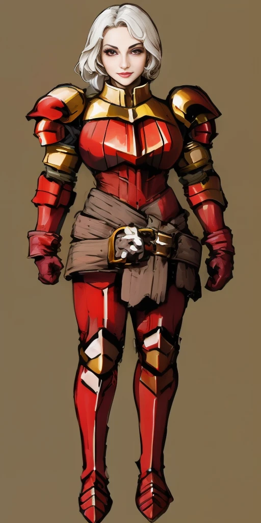 (masterpiece, best quality, 4k, 1girlsolo, 1MILF, mmplatz, smile, red cheeks, plain background:1.2) perfect face, perfect lighting, mature whsororitas with gloves red gauntlets in her hands like Cammy White from Street Fighter, bob white hair, warhammer 40k power armor suit with loincloth, red eyes like rubies, full body RED armor, view from below, looking to the viewer, arms to the sides empty hands, RED military boots, silver skull ornament attached to crossing 2 belt wide hips, 2 long legs, Female Knight (Final Fantasy Tactics)