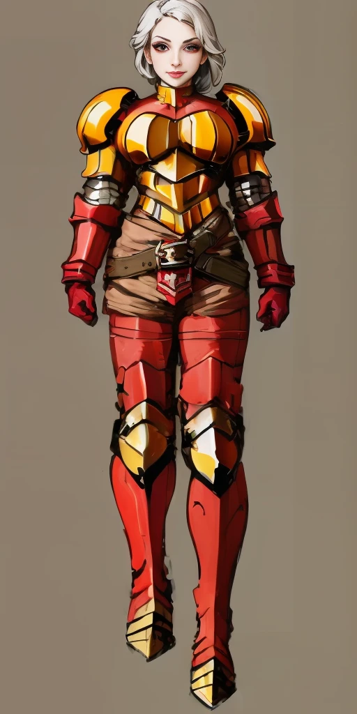 (masterpiece, best quality, 4k, 1girlsolo, 1MILF, mmplatz, smile, red cheeks, plain background:1.2) perfect face, perfect lighting, mature whsororitas with gloves red gauntlets in her hands like Cammy White from Street Fighter, bob white hair, warhammer 40k power armor suit with loincloth, red eyes like rubies, full body RED armor, view from below, looking to the viewer, arms to the sides empty hands, RED military boots, silver skull ornament attached to crossing 2 belt wide hips, 2 long legs, Female Knight (Final Fantasy Tactics)