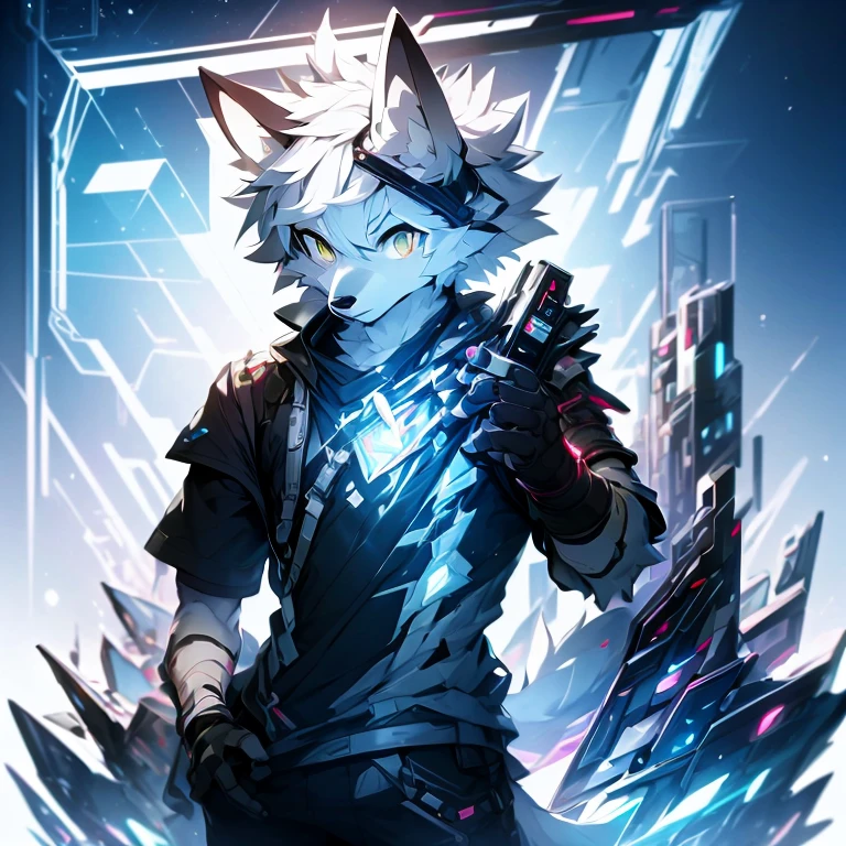 cyber punk perssonage,epcot,Tech style,solo person,White body,White ears,White hair,Overall white,Orange-yellow eyes,Wolf tail,Wolf orcs,Young,Wear a short-sleeved shirt,Ultra-clear screen,Soft lines