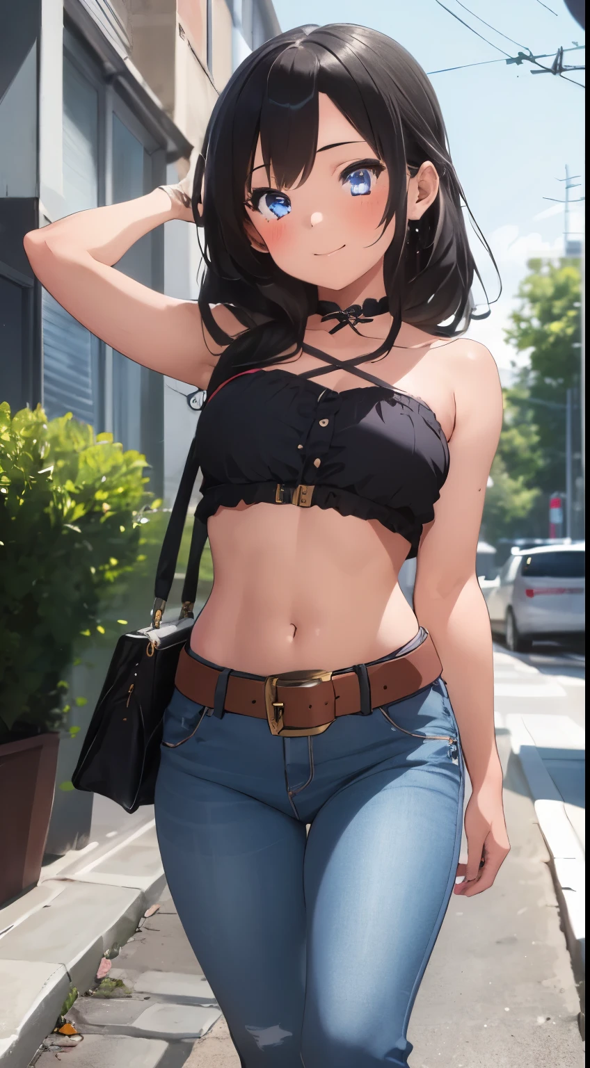 1girl, solo, full body, blue eyes, smiling, navel, red tube top, strapless, bare arms, bare neck, bare shoulders, long jeans, belt, summer, street,