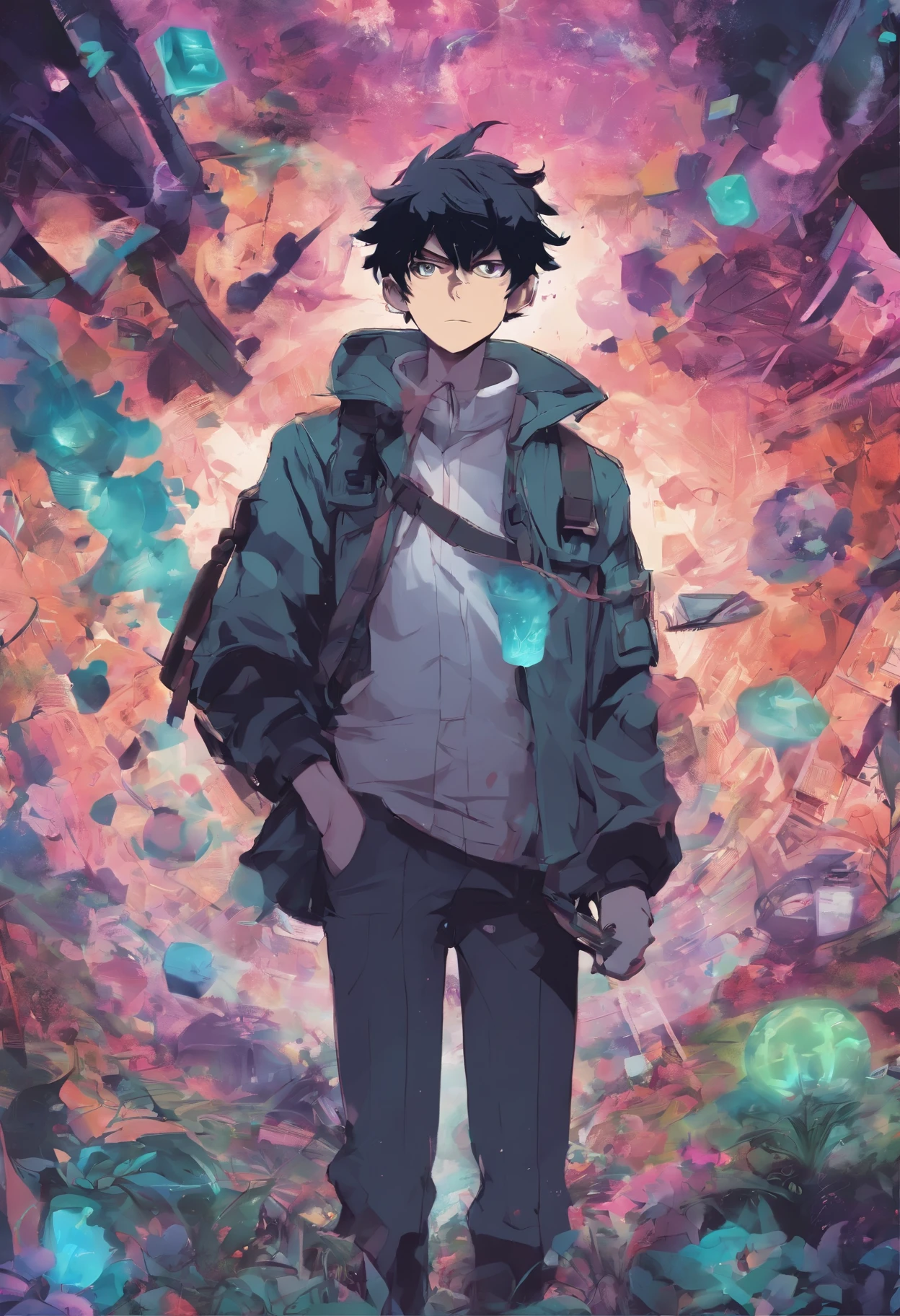 anime character with a bunch of items on his back, mob psycho 100, anime wallaper, anime cover, official art, trending anime art, trending anime artwork, in a anime masterpiece, shuushuu anime image, anime picture, in an anime, anime lush john 8k woods, today's featured anime still, pin on anime, dreamy psychedelic anime