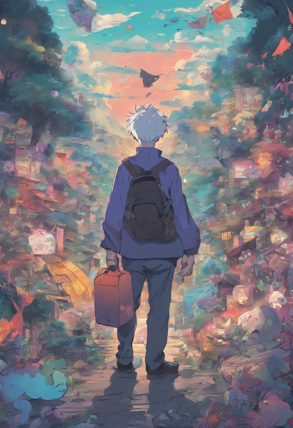 anime character with a bunch of items on his back, mob psycho 100, anime wallaper, anime cover, official art, trending anime art, trending anime artwork, in a anime masterpiece, shuushuu anime image, anime picture, in an anime, anime lush john 8k woods, today's featured anime still, pin on anime, dreamy psychedelic anime