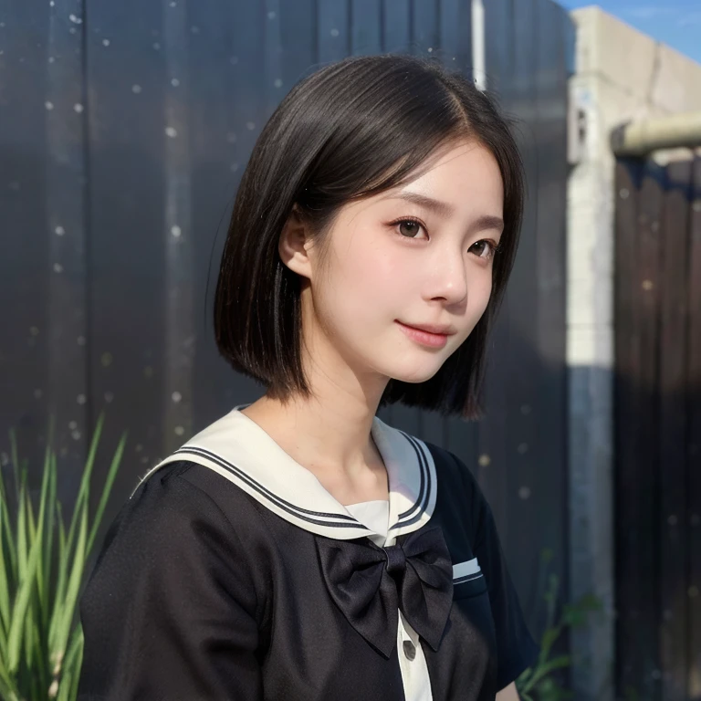 (kawaii 24 year-old Japanese girl, Nogizaka idol, Korean idol), (glossy black hair, very short hair, forehead:1.3), (deep black eyes, rounded face, single eyelid, no makeup, soft smiling:1.2), (wearing Japanese highschool uniforms, JK uniform, collaredshirt, bow tie:1.3), (extra small breasts:0.9), (looking at away out of frame:1.3), BREAK, (simple outfield background, summer daytime:1.3), (profile, dynamic angle, bust shot:1.3), BREAK, (masterpiece, best quality, photo realistic, official art:1.4), (UHD, 8K quality wallpaper, high resolution, raw photo, golden ratio:1.3), (shiny skin), professional lighting, physically based rendering, award winning, (highly detailed skin, extremely detailed face and eyes), Carl Zeiss 85 mm F/1.4, depth of field, 1girl, solo,
