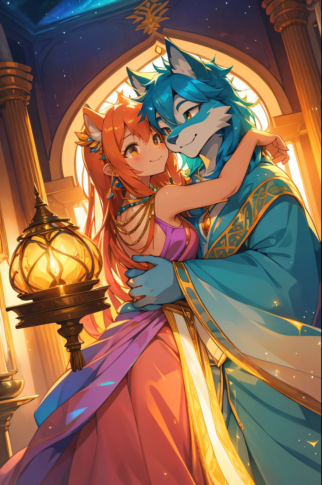 novel illustration, cover page, highres, top quality, best quality, paid reward available, unparalleled masterpiece, perfect artwork, absurdres, High-quality illustrations, super high resolution, detailed background, perfect anatomy(1girl, 1boy, couple, kemono, furry anthro, fearless smile, Arab national costume, hugs from behind, love romance)Aladdin and the magic lamp, arabian clothing, turkish lamps, mystical, dreamy, magical, enchanting, mesmerizing, alluring, seductive, captivating lamps, iridescent, luminescent, glowing, golden, rich tones, vibrant colors, bewitching lights, captivating reflections, luminescent glow, dazzling, dazzling light, enchanting illumination, mesmerizing sparkle, entrancing, bewitching glow, luminous, mesmerizing shimmer, enthralling, bewitching gleam, radiant luminosity, heavenly radiance, celestial luminosity, divine radiance, ethereal brilliance, heavenly illumination, luminescent radiance, luminous sheen, glittering, iridescent shine, bewitching aurora, enchanting aurora,