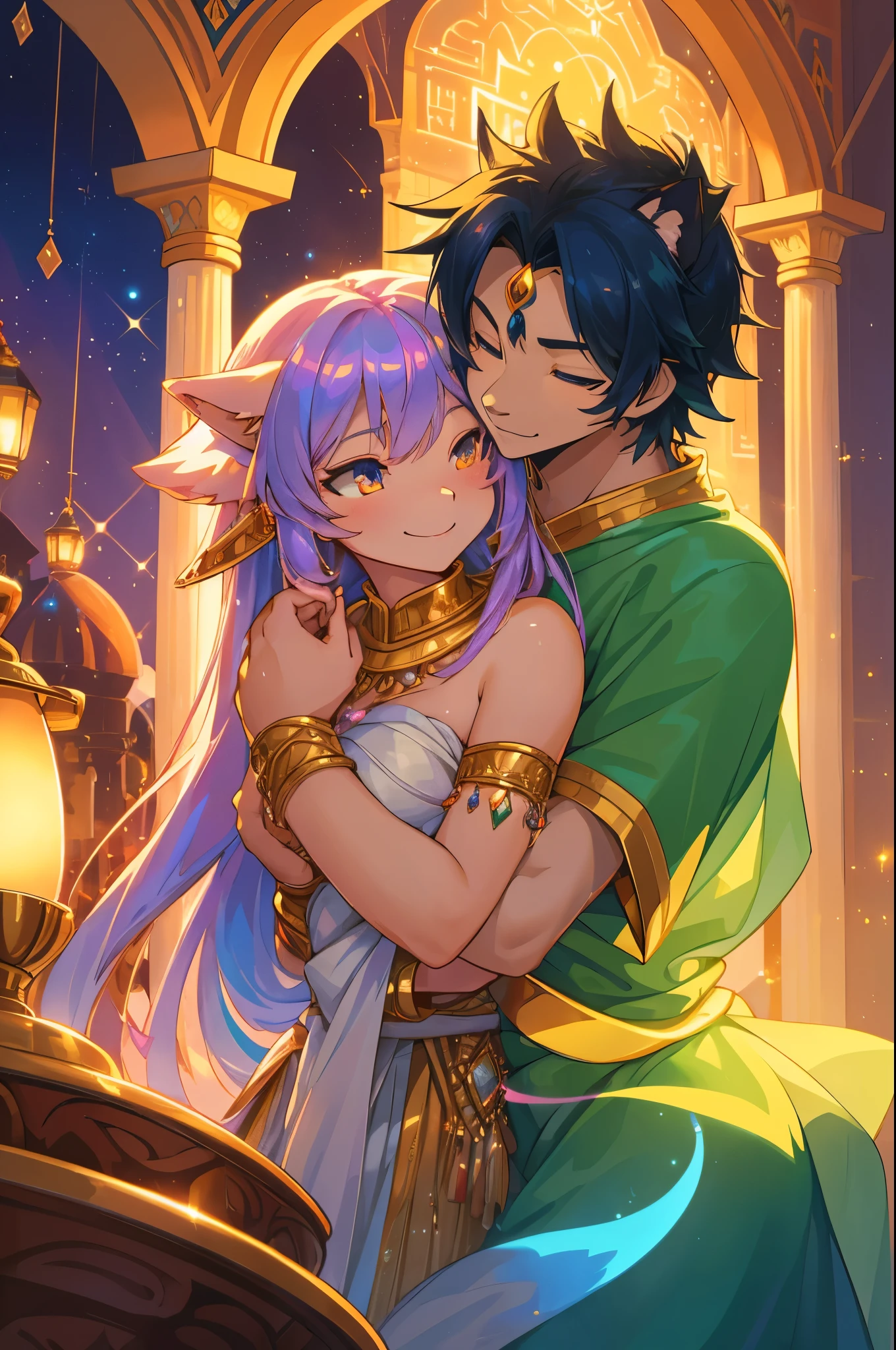 novel illustration, cover page, highres, top quality, best quality, paid reward available, unparalleled masterpiece, perfect artwork, absurdres, High-quality illustrations, super high resolution, detailed background, perfect anatomy(1girl, 1boy, couple, kemono, furry anthro, fearless smile, Arab national costume, hugs from behind, love romance)Aladdin and the magic lamp, arabian clothing, turkish lamps, mystical, dreamy, magical, enchanting, mesmerizing, alluring, seductive, captivating lamps, iridescent, luminescent, glowing, golden, rich tones, vibrant colors, bewitching lights, captivating reflections, luminescent glow, dazzling, dazzling light, enchanting illumination, mesmerizing sparkle, entrancing, bewitching glow, luminous, mesmerizing shimmer, enthralling, bewitching gleam, radiant luminosity, heavenly radiance, celestial luminosity, divine radiance, ethereal brilliance, heavenly illumination, luminescent radiance, luminous sheen, glittering, iridescent shine, bewitching aurora, enchanting aurora,