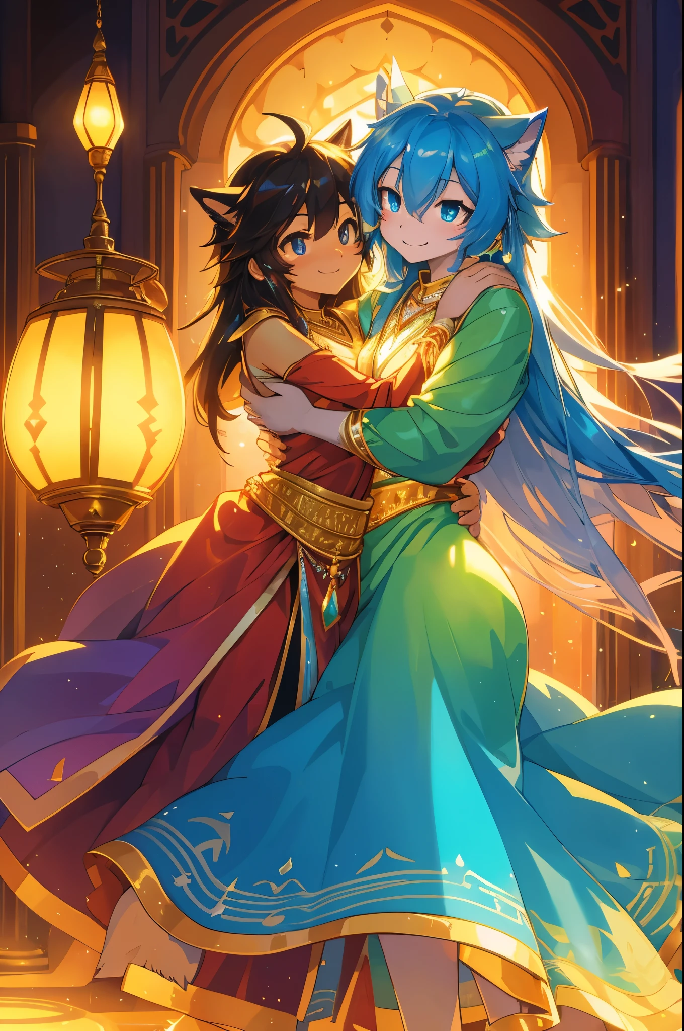 novel illustration, cover page, highres, top quality, best quality, paid reward available, unparalleled masterpiece, perfect artwork, absurdres, High-quality illustrations, super high resolution, detailed background, perfect anatomy(1girl, 1boy, couple, kemono, furry anthro, fearless smile, Arab national costume, hugs from behind, love romance)Aladdin and the magic lamp, arabian clothing, turkish lamps, mystical, dreamy, magical, enchanting, mesmerizing, alluring, seductive, captivating lamps, iridescent, luminescent, glowing, golden, rich tones, vibrant colors, bewitching lights, captivating reflections, luminescent glow, dazzling, dazzling light, enchanting illumination, mesmerizing sparkle, entrancing, bewitching glow, luminous, mesmerizing shimmer, enthralling, bewitching gleam, radiant luminosity, heavenly radiance, celestial luminosity, divine radiance, ethereal brilliance, heavenly illumination, luminescent radiance, luminous sheen, glittering, iridescent shine, bewitching aurora, enchanting aurora,
