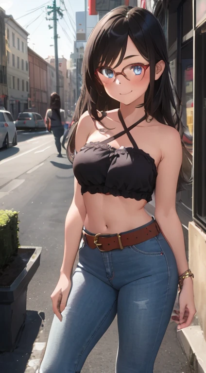 1girl, solo, full body, blue eyes, smiling, navel, red tube top, strapless, bare arms, bare neck, bare shoulders, long jeans, belt, summer, street, black-rimmed glasses, glasses