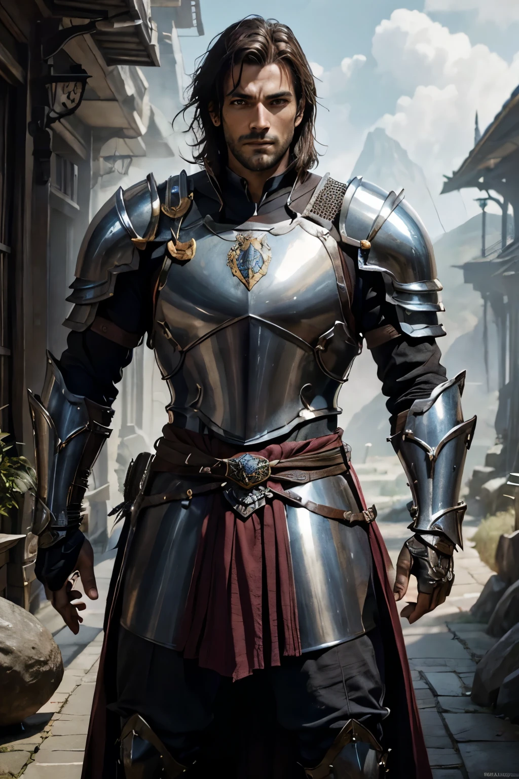 Alafed image of a man in armor with a swordin one hand, shield on left arm, Super handsome,Paladin,William H.. Pongilppi, Arsen Lupin as Paladin, wojtek fus, andreas rocha and john howe, ArtGerm Craig Mullins, ArtgermとCraig Mullins, Fantasy warriors in full armor, Attractive man in armor, silvain sarrailh, Malepaladin,Beautiful expression, shoulder length dark brown hair, stubble on face