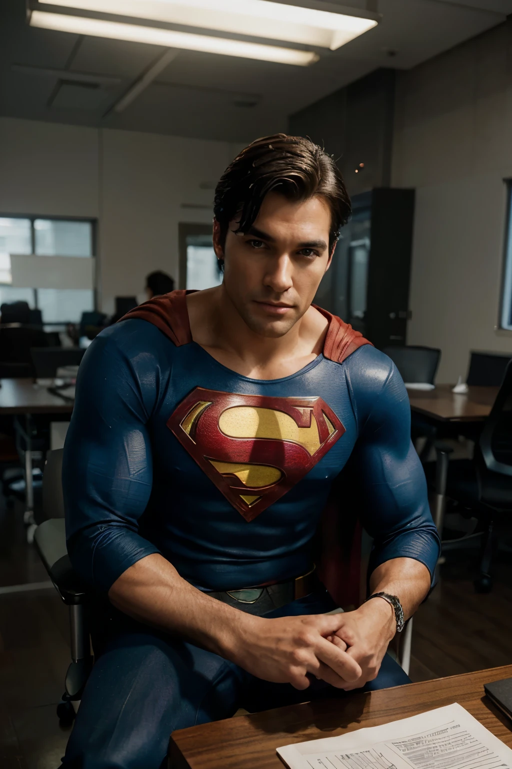 superman sitting at a table, photo of a man, sitting at desk, corporate photo, handsome man, professional portrait hd, sitting at a desk, a photo of a man, handsome and attractive, professional profile photo, attractive man, sitting behind desk, looking straight