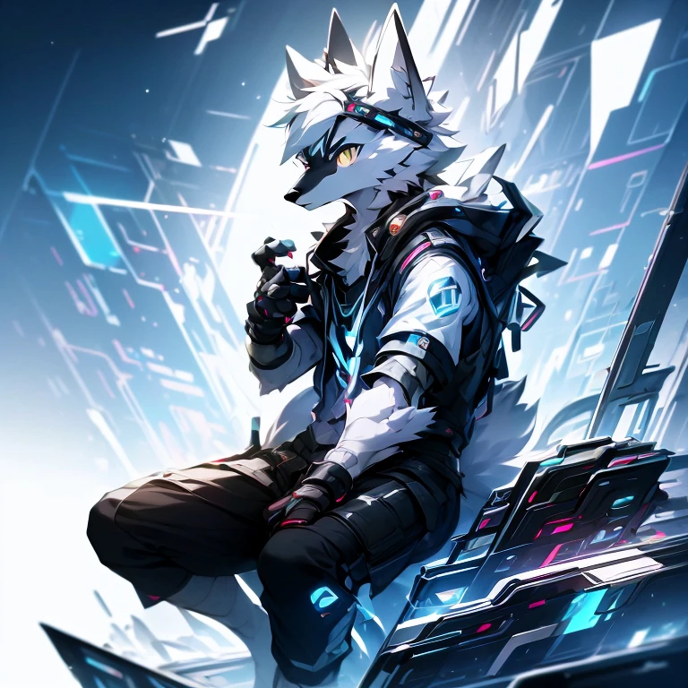 cyber punk perssonage，epcot，Tech style，solo person，White body，White ears，White hair，Overall white，Orange-yellow eyes，Wolf tail，Wolf orcs，Young，Wear a short-sleeved shirt，Ultra-clear screen，Soft lines