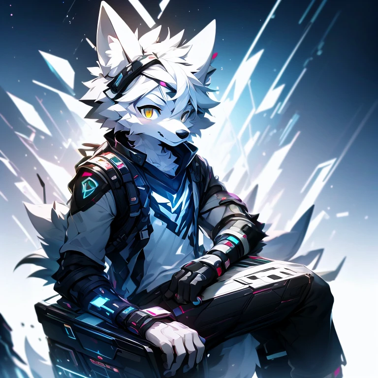 cyber punk perssonage,epcot,Tech style,solo person,White body,White ears,White hair,Overall white,Orange-yellow eyes,Wolf tail,Wolf orcs,Young,Wear a short-sleeved shirt,Ultra-clear screen,Soft lines