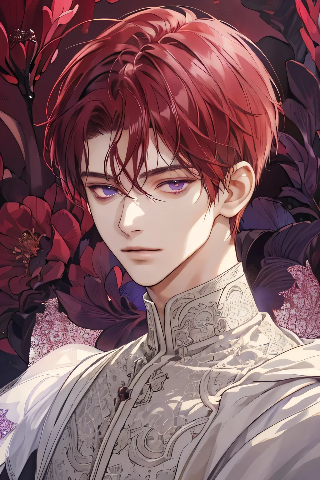 (extreamly delicate and beautiful:1.2), 8K,(masterpiece:1.0),(best_quality:1.0), 1 Boy, and intricate detailing, Enlarged textures, and intricate detailing, finely eye and detailed face, and intricate detailing, shiraga, maroon red short hair, (closed mouths), Perfect eyes, Equal eyes, purple eyes (A Male god) sword master
Look at camera