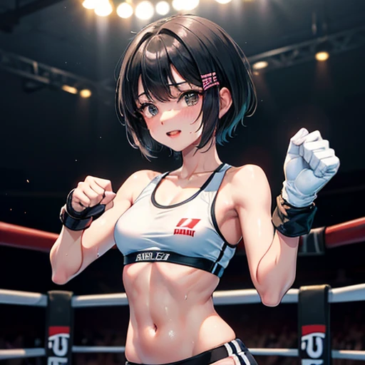 Small breasts. Cute Japanese high school girl with short cut black hair. She stands in a mixed martial arts ring. The referee's post-match judgment scene. The referee is holding her one arm high. She is happy to win the match. Very sweaty, slender body, small breasts, sports bra, bikini pants, open finger gloves.