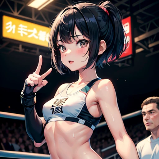 Small breasts. Cute Japanese high school girl with short cut black hair. She stands in a mixed martial arts ring. The referee's post-match judgment scene. The referee is holding her one arm high. She is happy to win the match. Very sweaty, slender body, small breasts, sports bra, bikini pants, open finger gloves.