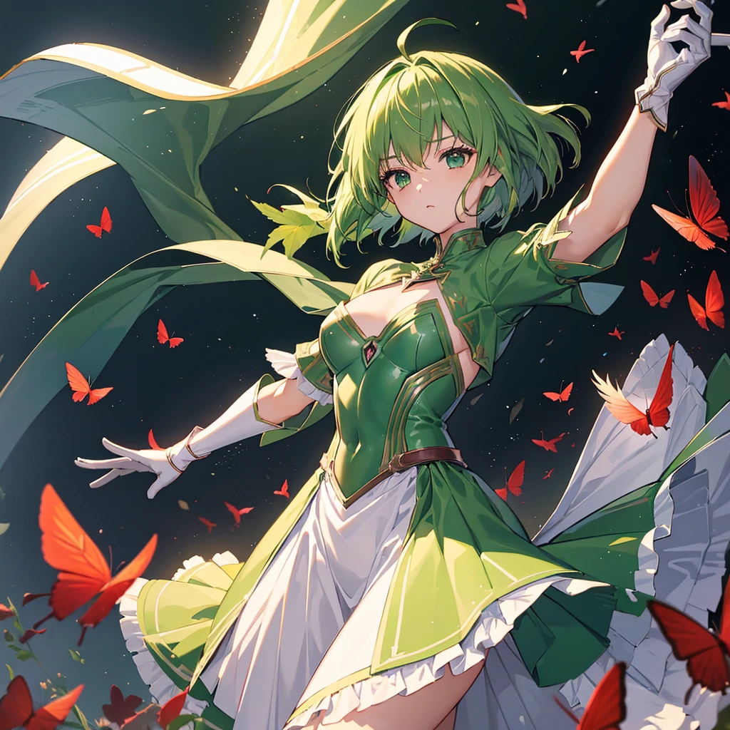 ((high resolution Green Hair Short Hair Iron Armor Angel of Victory Lonely despair)) ((Red butterfly night Western style chest Shining Aura gloves)) (Big feather Dance Blade of Light Holding a sword Slashing) night moon star Slashing Catch the wind