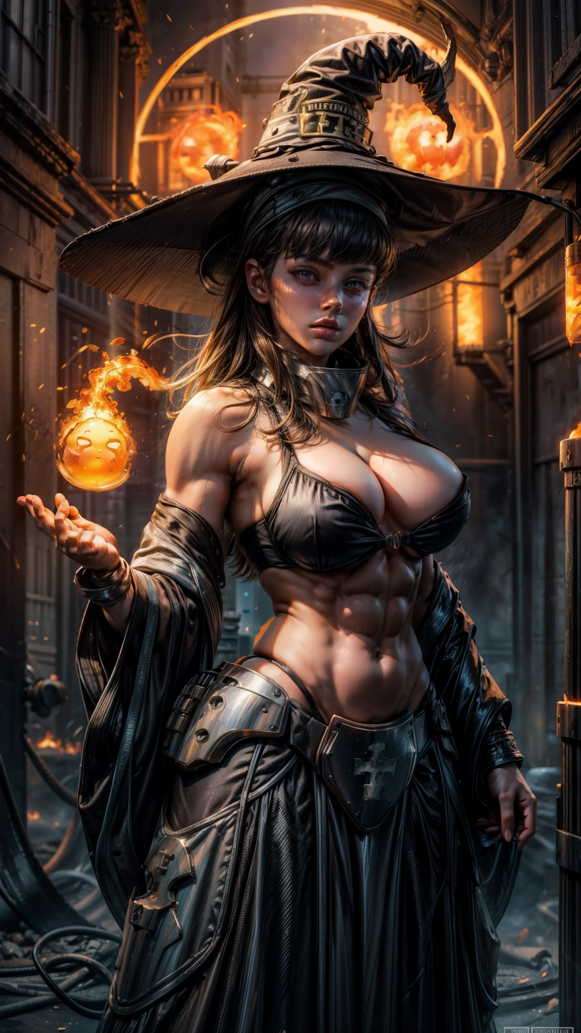 (masterpiece:1.2), (best quality:1.2), (extremely detailed:1.2), (ultra detailed), 1girl, large breasts,
maki oze, witch hat, bikini top, detached sleeves, skirt, muscular female,
human on fire, building on fire,
on top of the building,