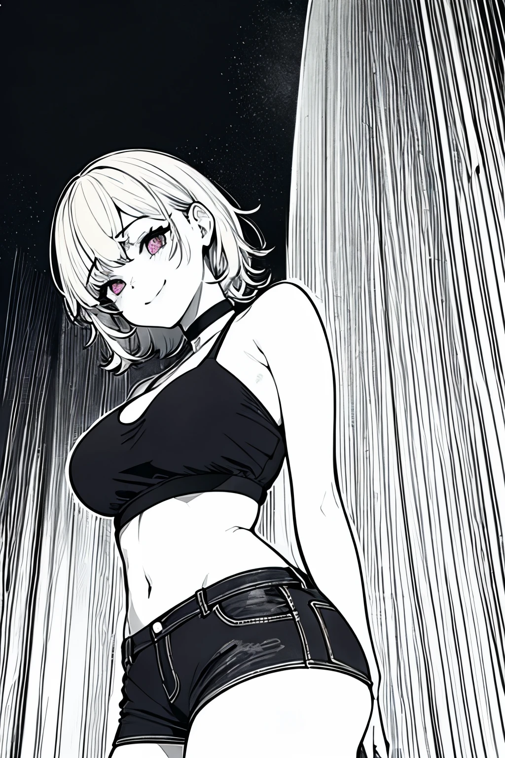 (masterpiece, best quality:1.2), 1girl, short curly blonde hair, glowing red eyes, large breasts, choker, timid, blush, yellow short shorts, purple crop top, from below, waterfall, smile, arms behind head, dark lines, dense lines, intense line work, masterpiece, best quality, super fine, extremely delicate and beautiful, horror manga, black and white manga, black and white line drawing