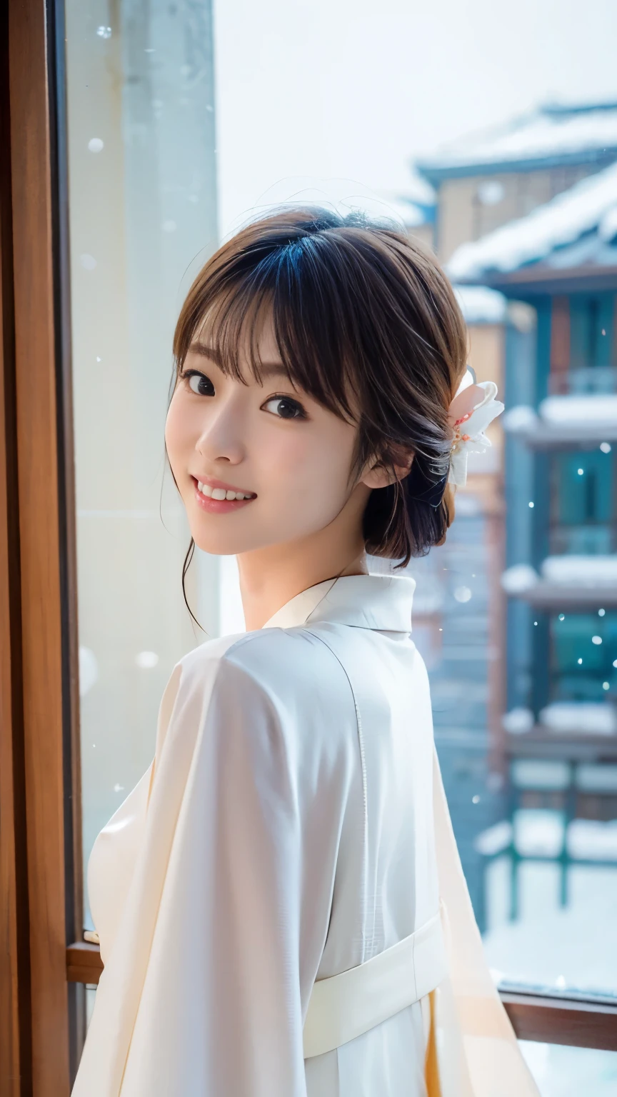 A beautiful woman standing in a wooden log house at night wearing a pure white thin kimono that shows little skin.,(((In the moonlight of a blizzard I can see from the window, a snow woman wearing a plain white kimono looks at me and puts her hand on the wooden window frame.))),Full-body photography from behind,best image quality,professional angle of view,Exceptional detail,Super high resolution,realistic:1.4),high detail,focus on details,1girl concentrated in high concentration,long hair,delicate and beautiful face,The white underwear is dazzling,Long limbs and slim waist like a model,White Pin Heels,The best smile with raised eyebrows and corners of the mouth,