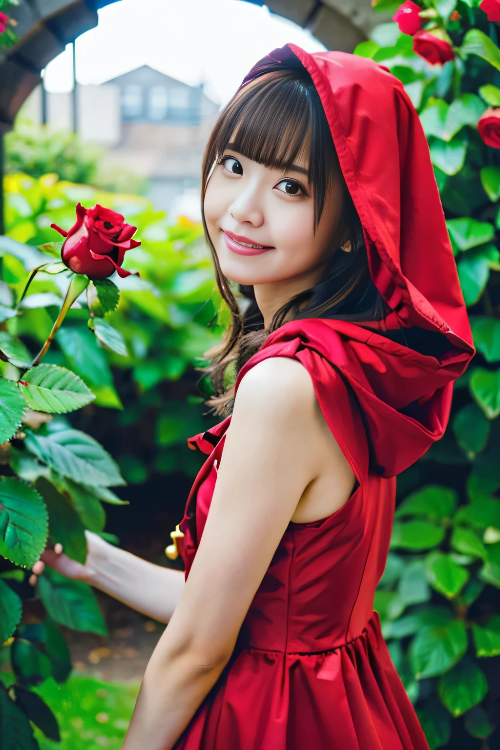 (best quality:1.2),(ultra detailed,highres,HDR,8k,3D,realistic,photorealistic,super fine,effects,official art,detailed background), (very happy smile,young,Japanese,detailed beautiful face), (Happy days),(round face,small face beauty), (dynamic pose:1.3), (head to thighs:1.5), ((Rose arch), (Rose hedge), (Open garden with various types of roses):1.5), (big red riding hood: 1.3), (Delicate dress), (Small face: 1.2), (Fairy-tale world feeling: 1.1) , (Put the wicker basket on the ground:1)