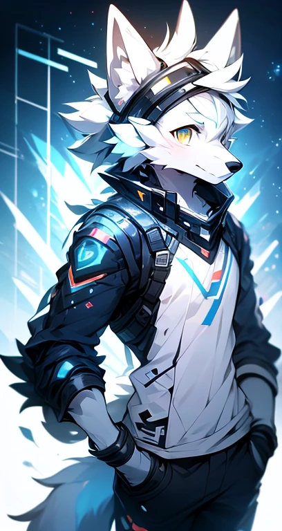 cyber punk perssonage,epcot,Tech style,solo person,White body,White ears,White hair,Overall white,Orange-yellow eyes,Wolf tail,Wolf orcs,Young,Wear a short-sleeved shirt,Ultra-clear screen,Soft lines