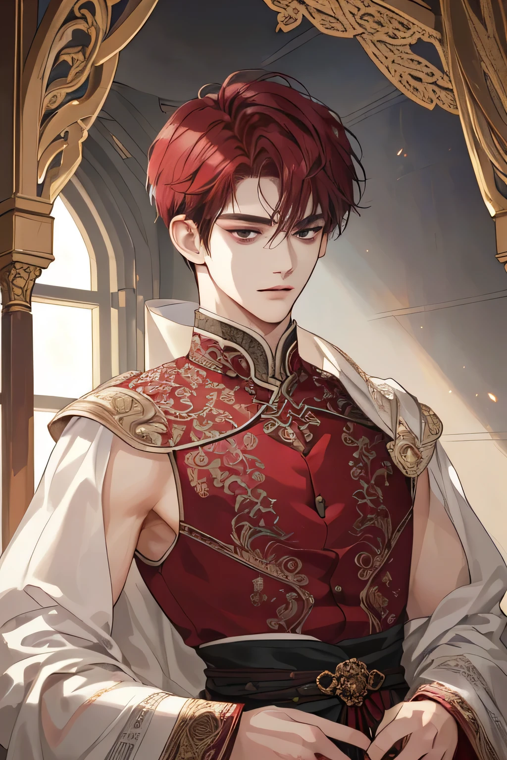 (extreamly delicate and beautiful:1.2), 8K,(masterpiece:1.0),(best_quality:1.0), 1 Boy, and intricate detailing, Enlarged textures, and intricate detailing, finely eye and detailed face, and intricate detailing, shiraga, maroon red short hair, (closed mouths), Perfect eyes, Equal eyes, black eyes (A Male god) sword master
Look at camera