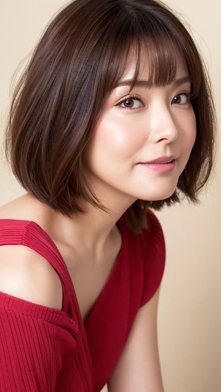 1 beautiful woman, high resolution, wallpaper 8K screen, top quality, realistic, super detailed, exquisite and perfect dynamic composition, (48 years old), (realistic skin texture), (overall skin fine lines: 1.3) , (dull skin: 1.1), (skin without moisture: 1.2), (wrinkles on the face: 0.9), (wrinkles at the corners of the eyes: 1.2), double eyelids, tear bags in the lower eyelids, eyes facing away, Serious expression, straight gaze, (dimples: 1.2), sharpness, dense and beautiful eyes, short hairstyle, thin hair, smile, short bangs, long hair, thin blouse with a wide neckline, flat chest, close to the waist Fitted flare pants, (portrait focusing on upper body), (angle from leg: 1.5),